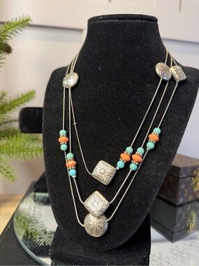 Vintage Art Deco Silver Tone Beaded Scrolled Faux Coral Faux Turquoise